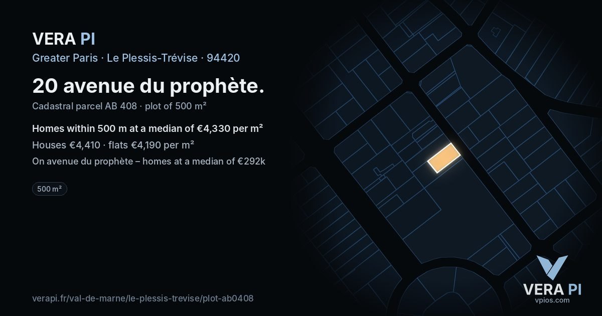 20 avenue du prophète, Le Plessis-Trévise at night – the plot lit, the parcels around coloured by the prices near them