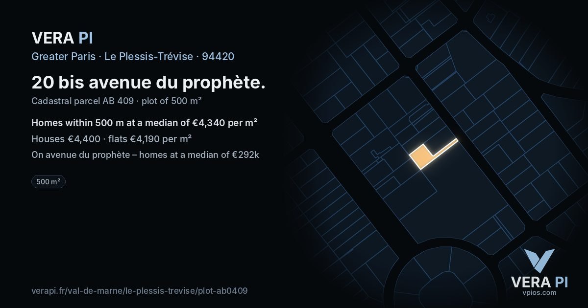 20 bis avenue du prophète, Le Plessis-Trévise at night – the plot lit, the parcels around coloured by the prices near them
