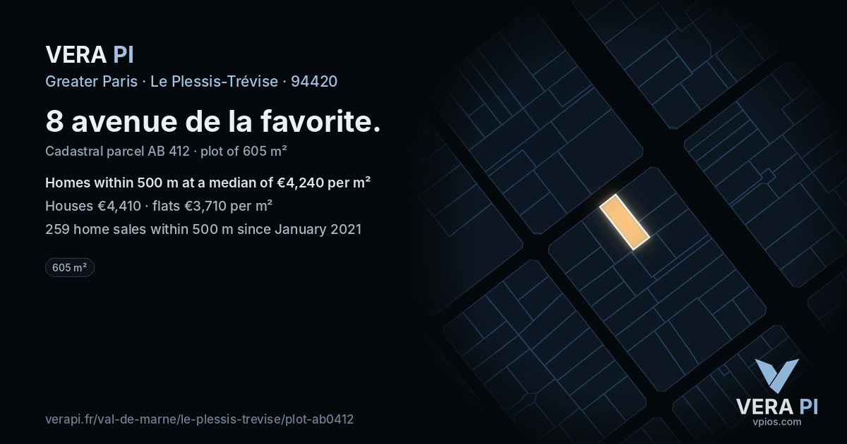 8 avenue de la favorite, Le Plessis-Trévise at night – the plot lit, the parcels around coloured by the prices near them