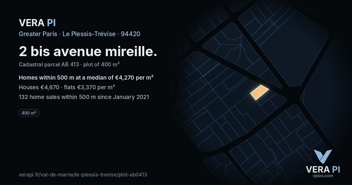 2 bis avenue mireille, Le Plessis-Trévise at night – the plot lit, the parcels around coloured by the prices near them