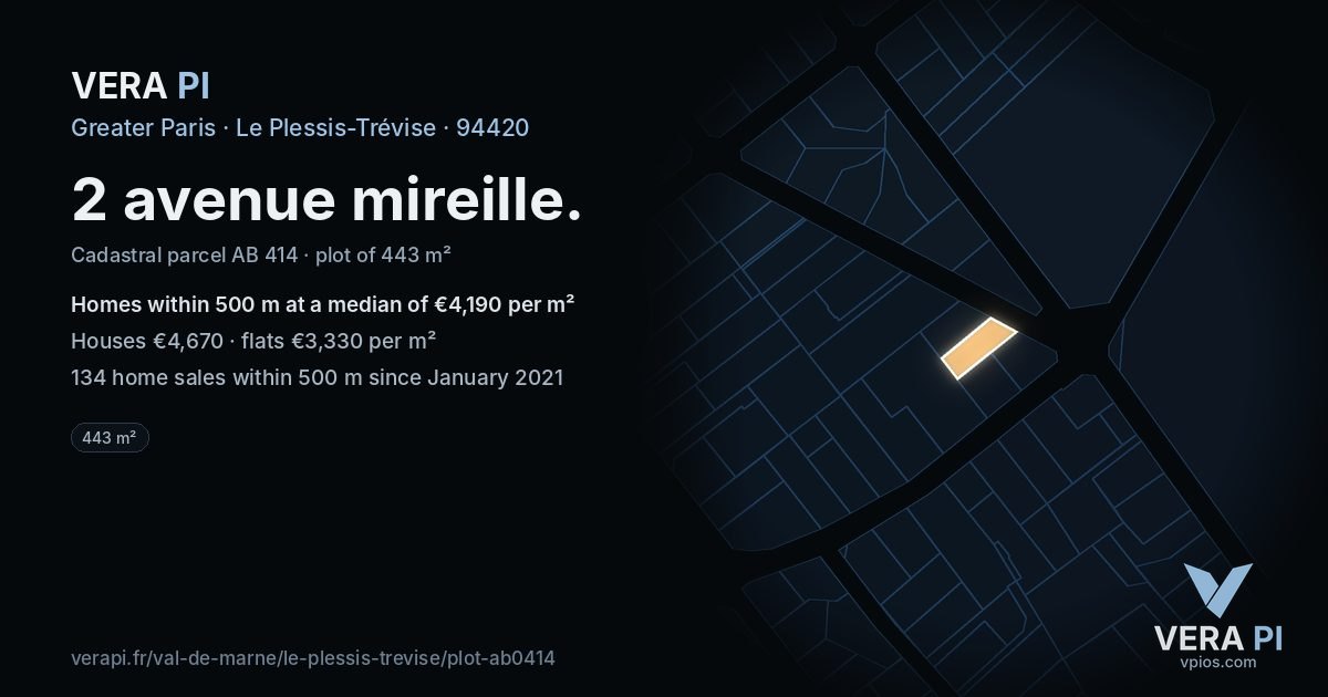 2 avenue mireille, Le Plessis-Trévise at night – the plot lit, the parcels around coloured by the prices near them