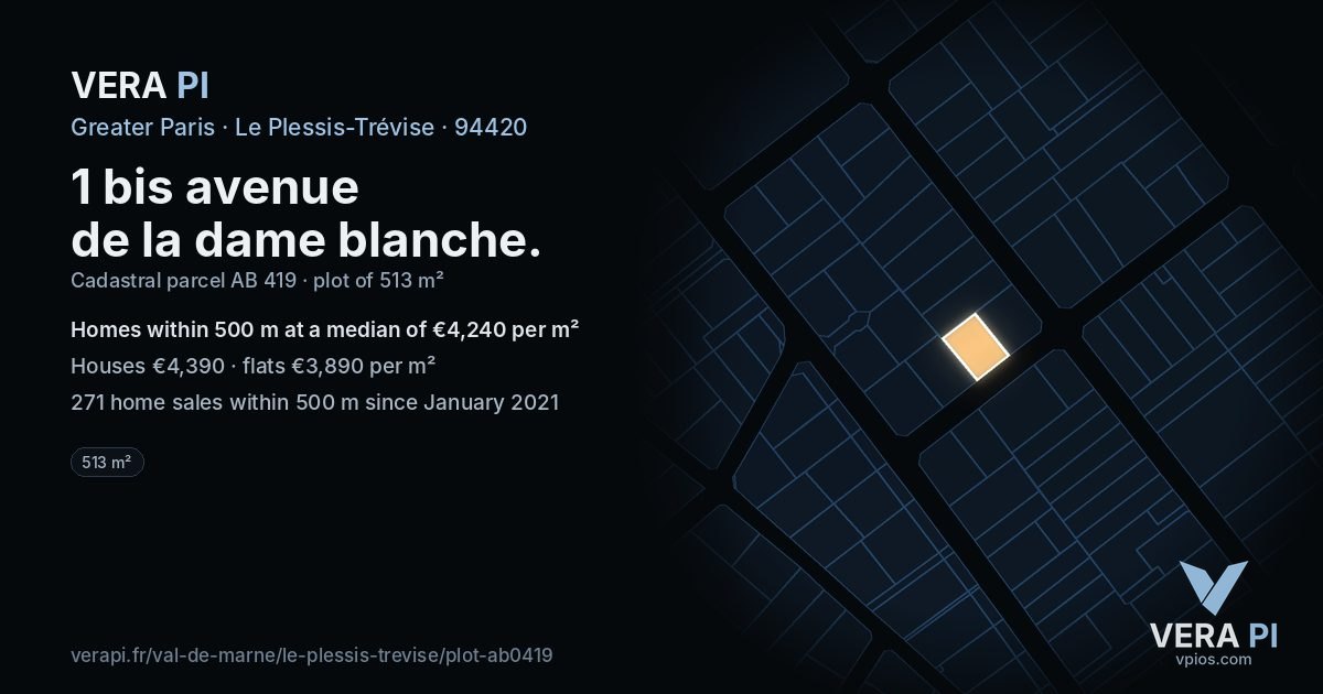 1 bis avenue de la dame blanche, Le Plessis-Trévise at night – the plot lit, the parcels around coloured by the prices near them