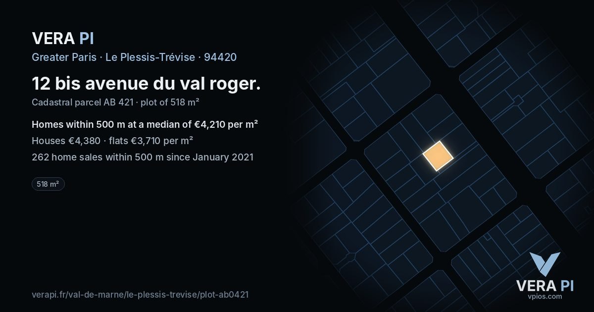 12 bis avenue du val roger, Le Plessis-Trévise at night – the plot lit, the parcels around coloured by the prices near them