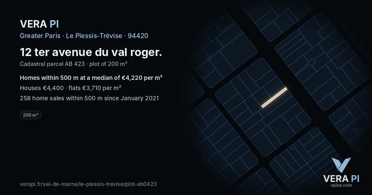 12 ter avenue du val roger, Le Plessis-Trévise at night – the plot lit, the parcels around coloured by the prices near them