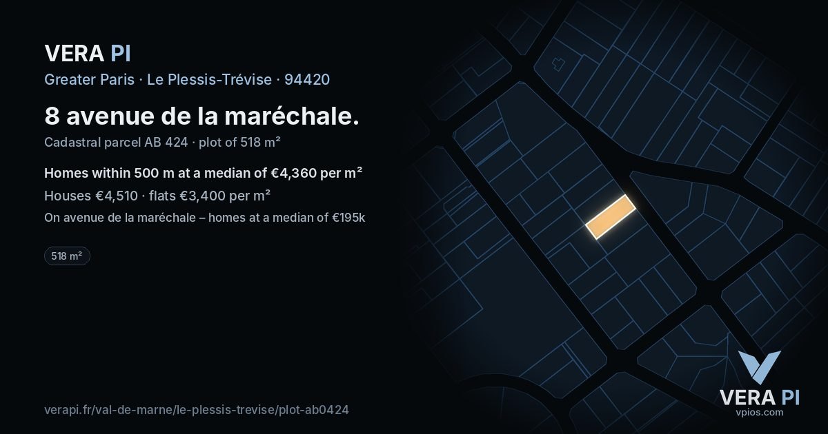 8 avenue de la maréchale, Le Plessis-Trévise at night – the plot lit, the parcels around coloured by the prices near them