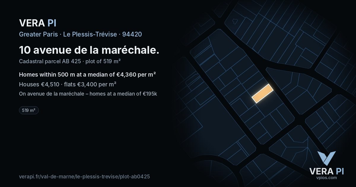 10 avenue de la maréchale, Le Plessis-Trévise at night – the plot lit, the parcels around coloured by the prices near them