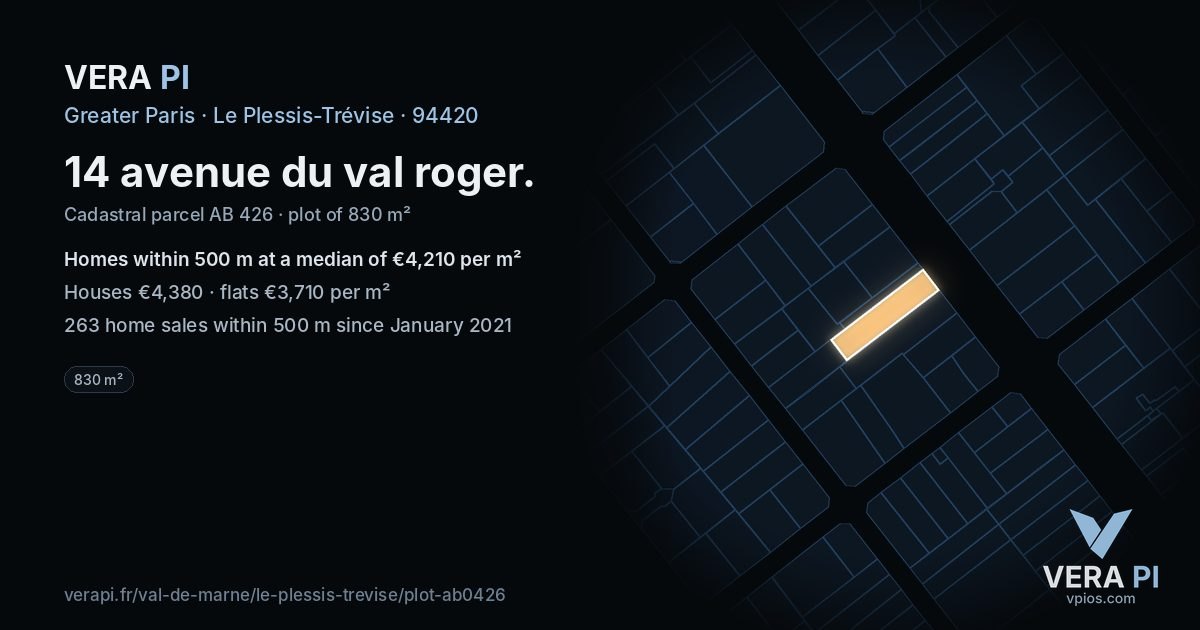 14 avenue du val roger, Le Plessis-Trévise at night – the plot lit, the parcels around coloured by the prices near them