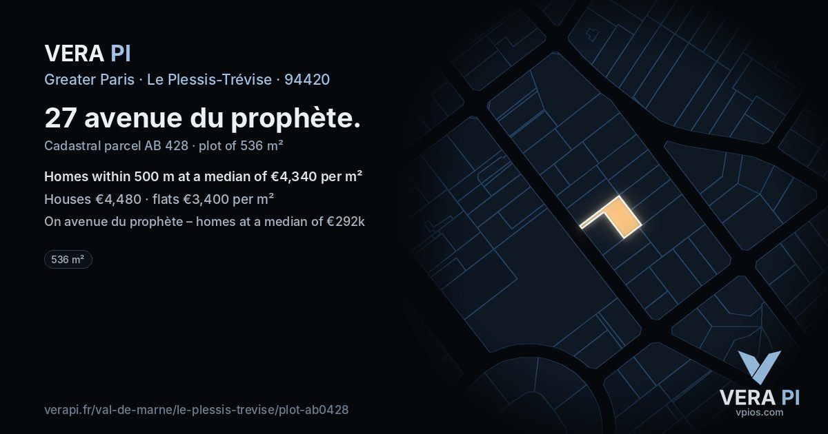 27 avenue du prophète, Le Plessis-Trévise at night – the plot lit, the parcels around coloured by the prices near them