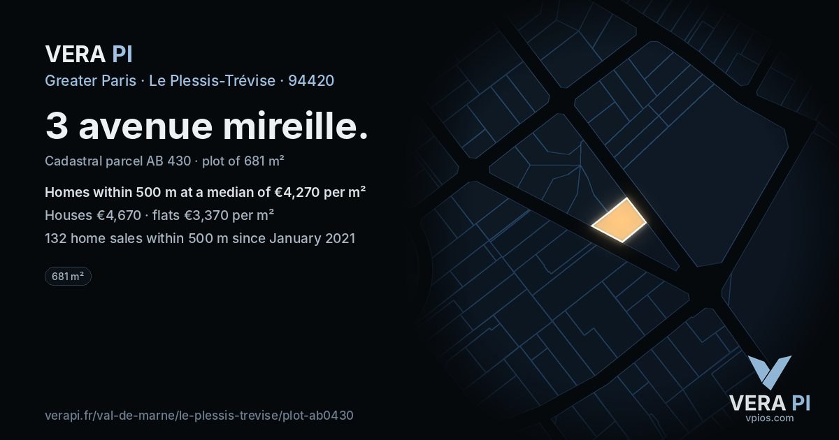 3 avenue mireille, Le Plessis-Trévise at night – the plot lit, the parcels around coloured by the prices near them