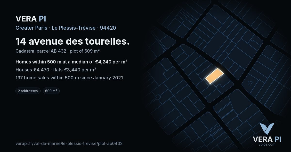 14 avenue des tourelles, Le Plessis-Trévise at night – the plot lit, the parcels around coloured by the prices near them