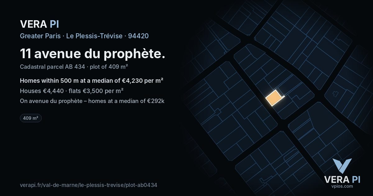 11 avenue du prophète, Le Plessis-Trévise at night – the plot lit, the parcels around coloured by the prices near them