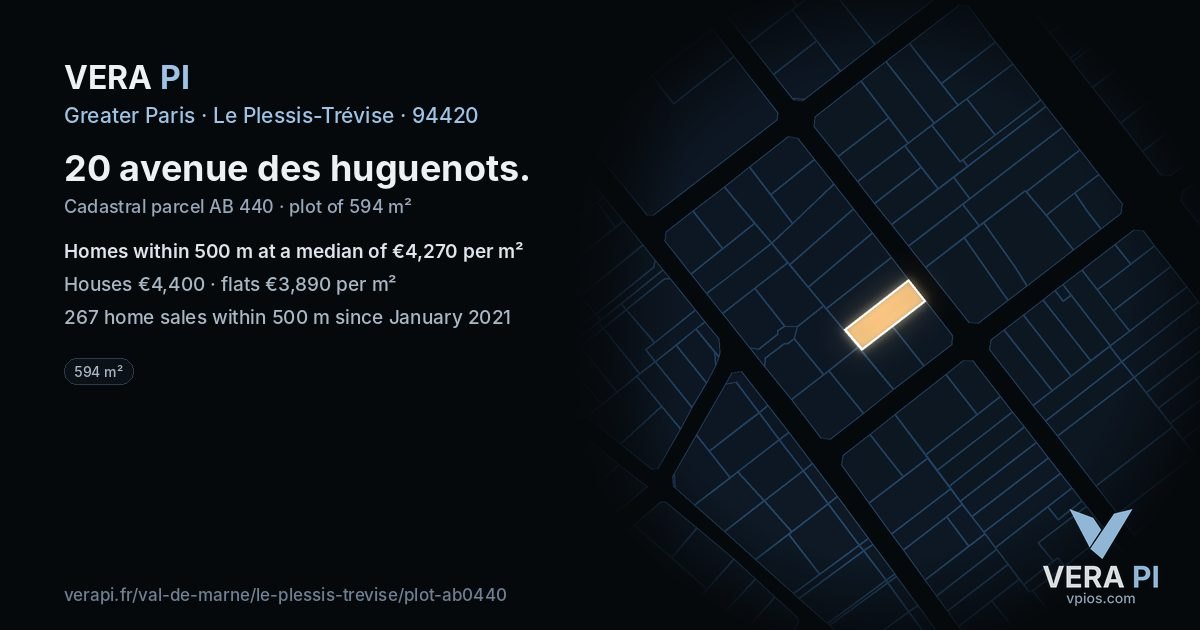20 avenue des huguenots, Le Plessis-Trévise at night – the plot lit, the parcels around coloured by the prices near them