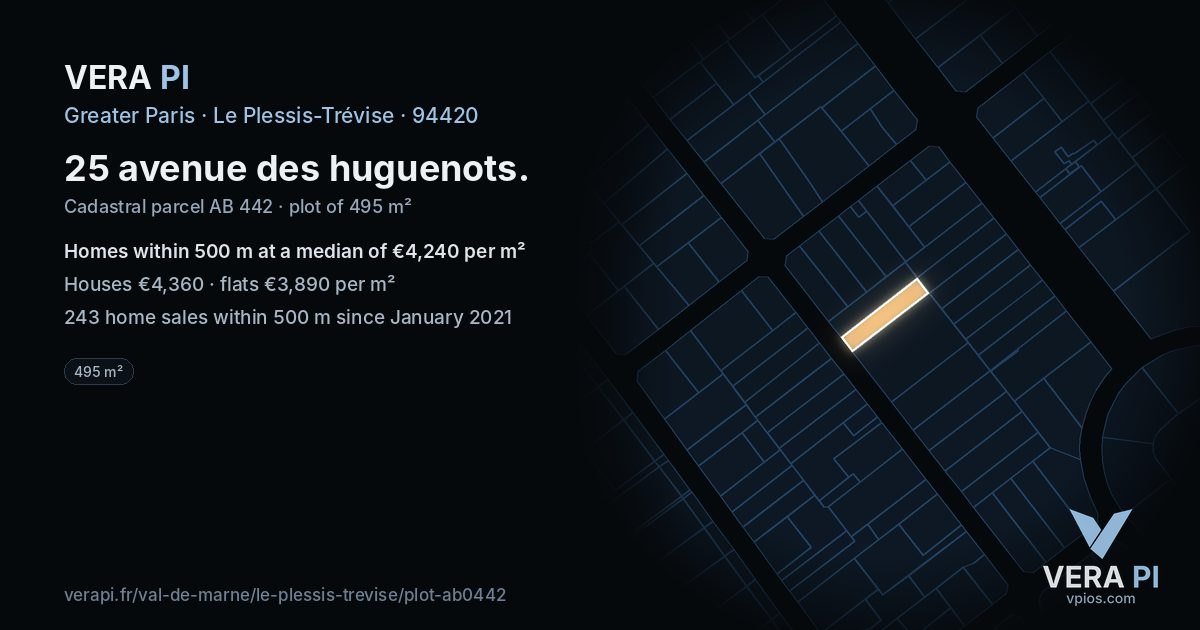 25 avenue des huguenots, Le Plessis-Trévise at night – the plot lit, the parcels around coloured by the prices near them