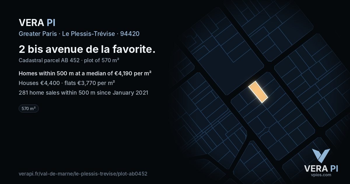 2 bis avenue de la favorite, Le Plessis-Trévise at night – the plot lit, the parcels around coloured by the prices near them
