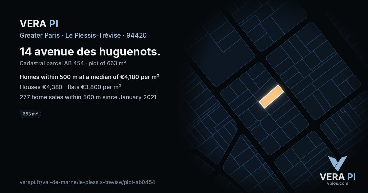 14 avenue des huguenots, Le Plessis-Trévise at night – the plot lit, the parcels around coloured by the prices near them