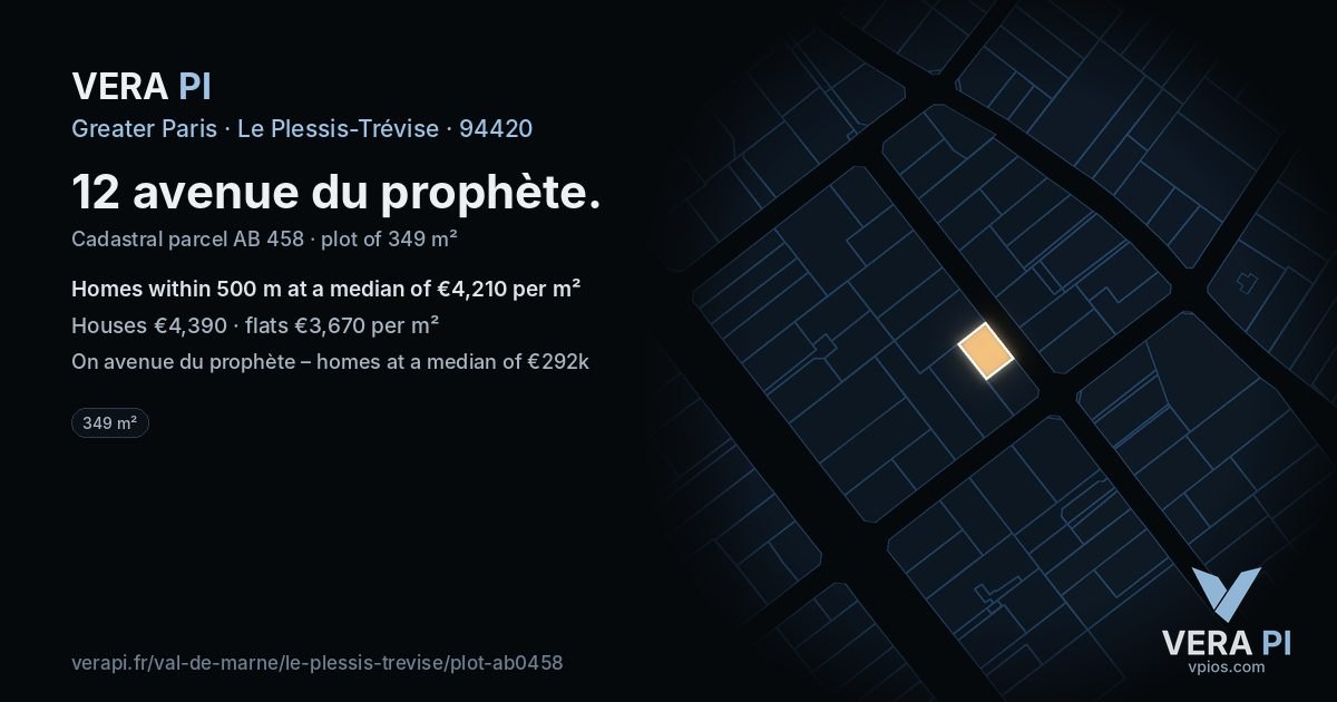12 avenue du prophète, Le Plessis-Trévise at night – the plot lit, the parcels around coloured by the prices near them
