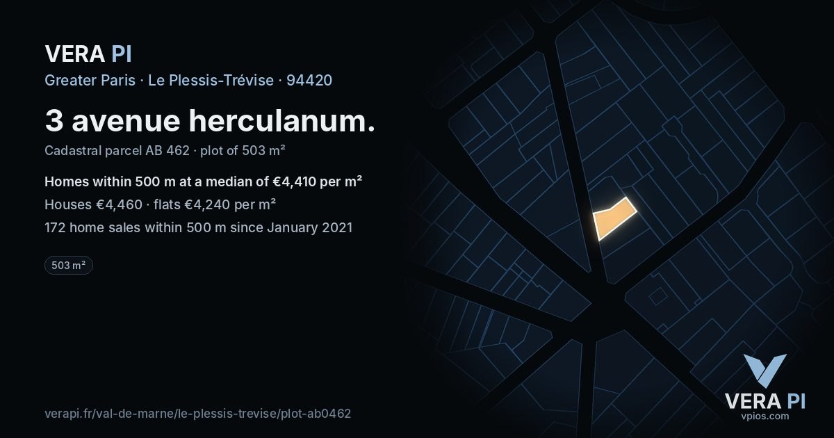 3 avenue herculanum, Le Plessis-Trévise at night – the plot lit, the parcels around coloured by the prices near them