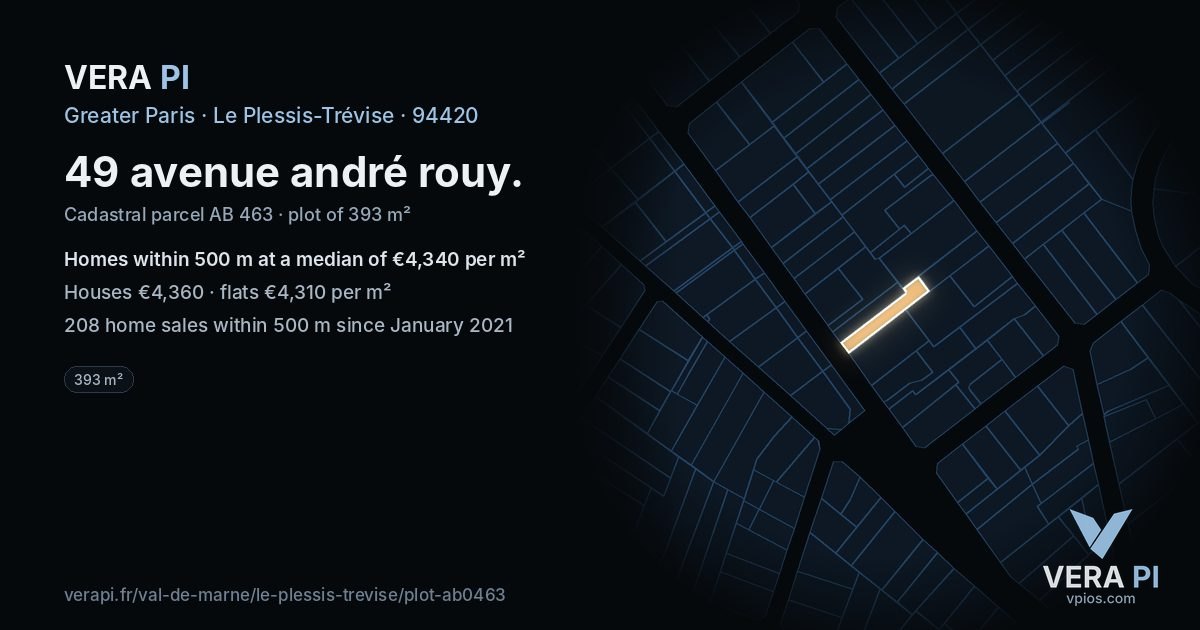 49 avenue andré rouy, Le Plessis-Trévise at night – the plot lit, the parcels around coloured by the prices near them