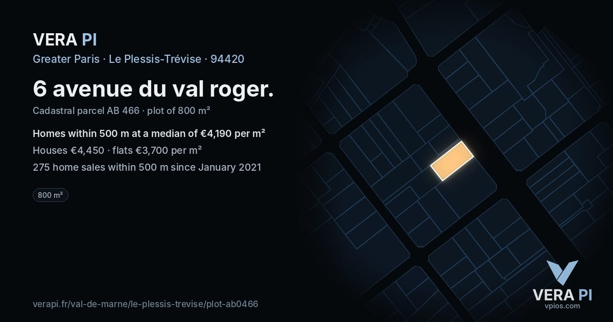 6 avenue du val roger, Le Plessis-Trévise at night – the plot lit, the parcels around coloured by the prices near them