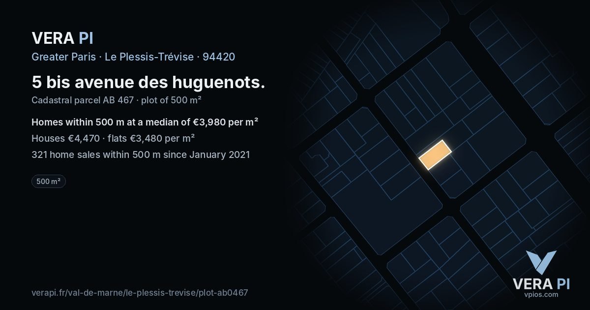 5 bis avenue des huguenots, Le Plessis-Trévise at night – the plot lit, the parcels around coloured by the prices near them