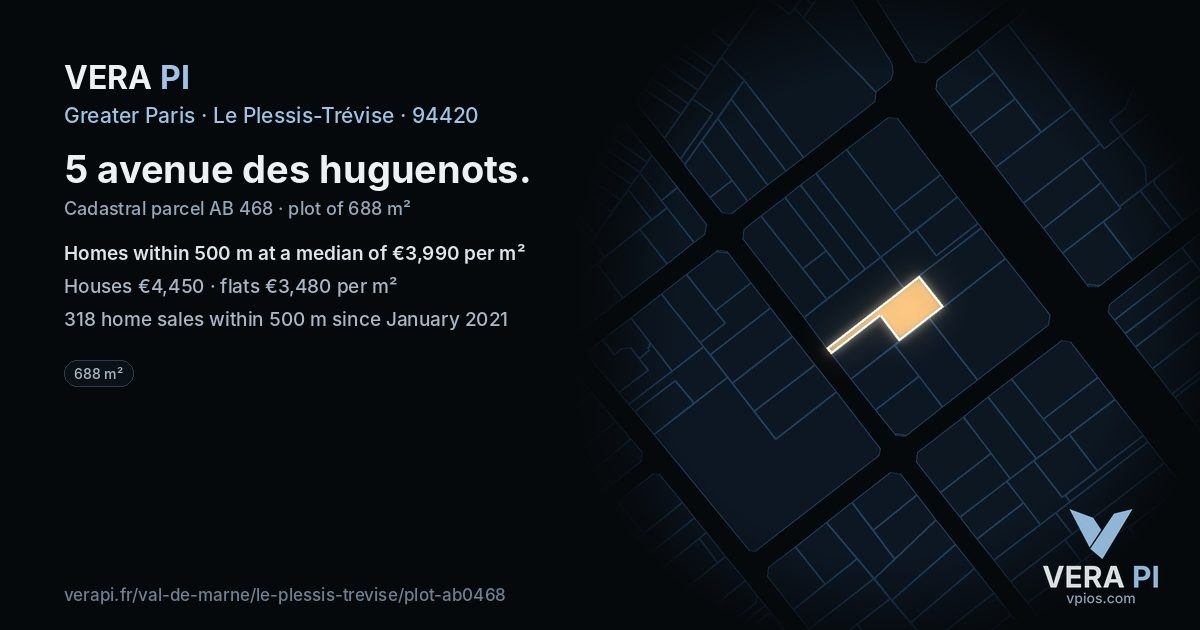 5 avenue des huguenots, Le Plessis-Trévise at night – the plot lit, the parcels around coloured by the prices near them