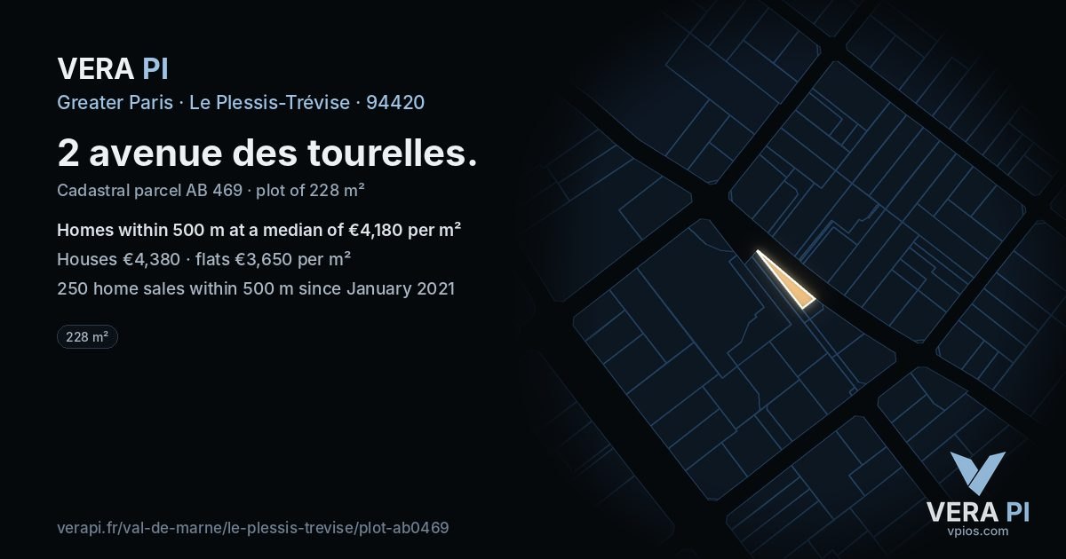2 avenue des tourelles, Le Plessis-Trévise at night – the plot lit, the parcels around coloured by the prices near them