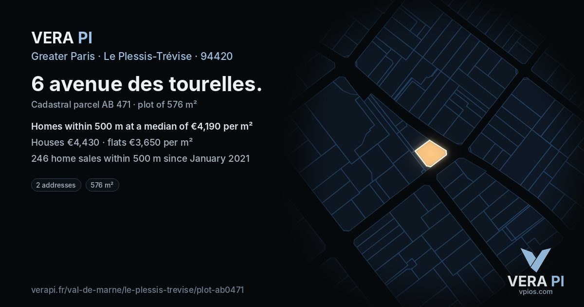 6 avenue des tourelles, Le Plessis-Trévise at night – the plot lit, the parcels around coloured by the prices near them