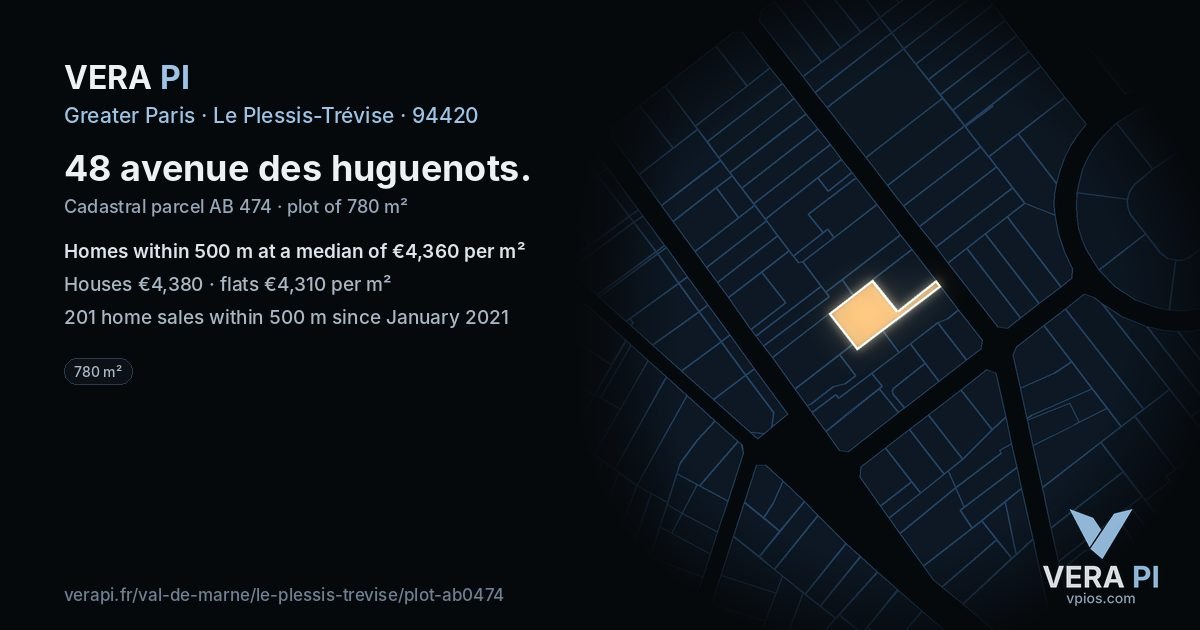 48 avenue des huguenots, Le Plessis-Trévise at night – the plot lit, the parcels around coloured by the prices near them