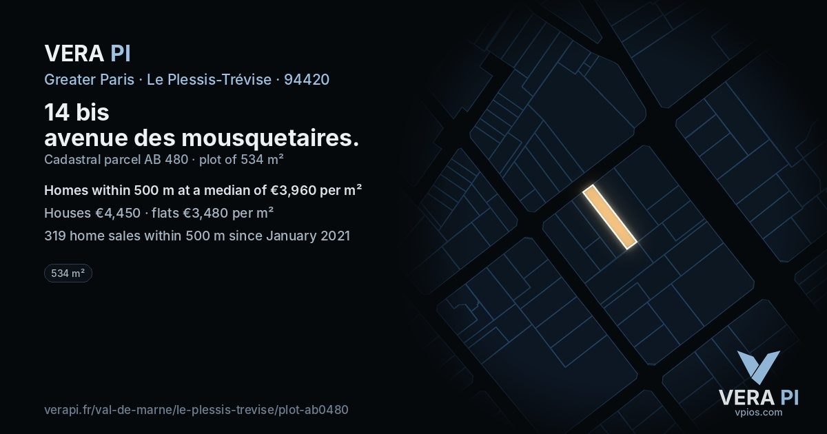 14 bis avenue des mousquetaires, Le Plessis-Trévise at night – the plot lit, the parcels around coloured by the prices near them