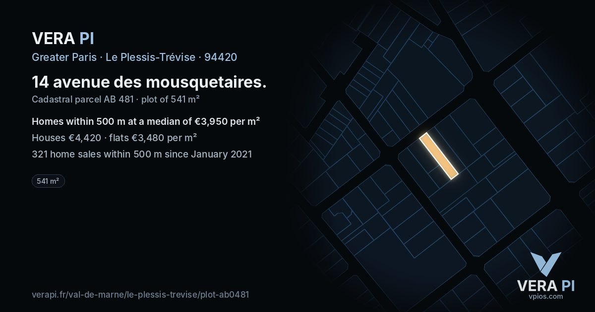 14 avenue des mousquetaires, Le Plessis-Trévise at night – the plot lit, the parcels around coloured by the prices near them