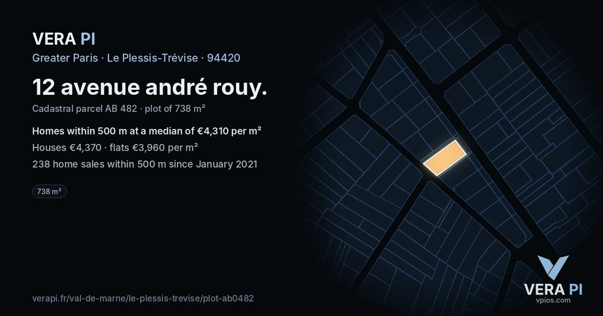 12 avenue andré rouy, Le Plessis-Trévise at night – the plot lit, the parcels around coloured by the prices near them
