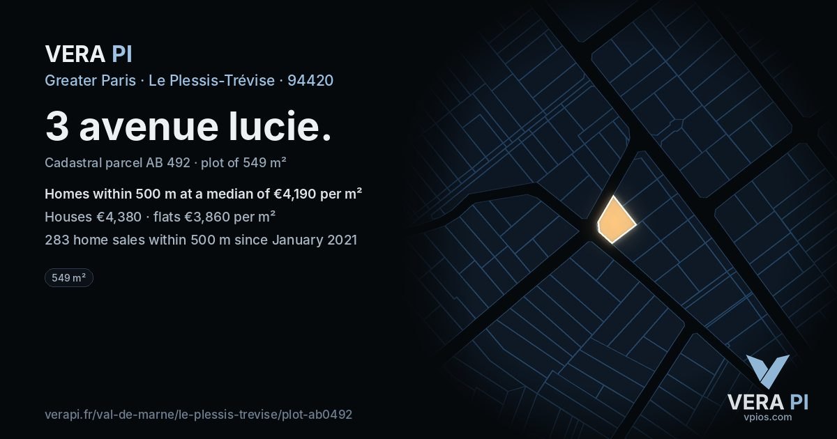3 avenue lucie, Le Plessis-Trévise at night – the plot lit, the parcels around coloured by the prices near them