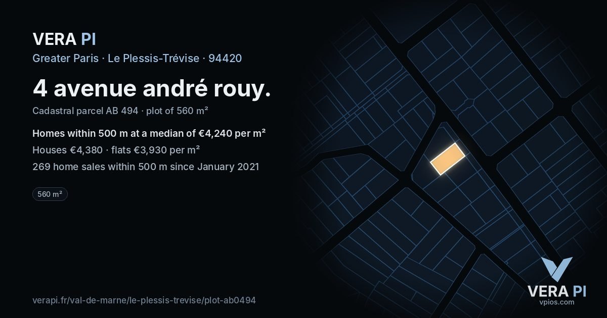 4 avenue andré rouy, Le Plessis-Trévise at night – the plot lit, the parcels around coloured by the prices near them
