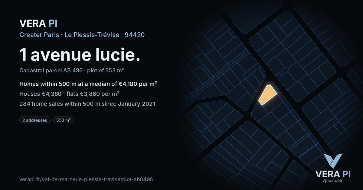 1 avenue lucie, Le Plessis-Trévise at night – the plot lit, the parcels around coloured by the prices near them