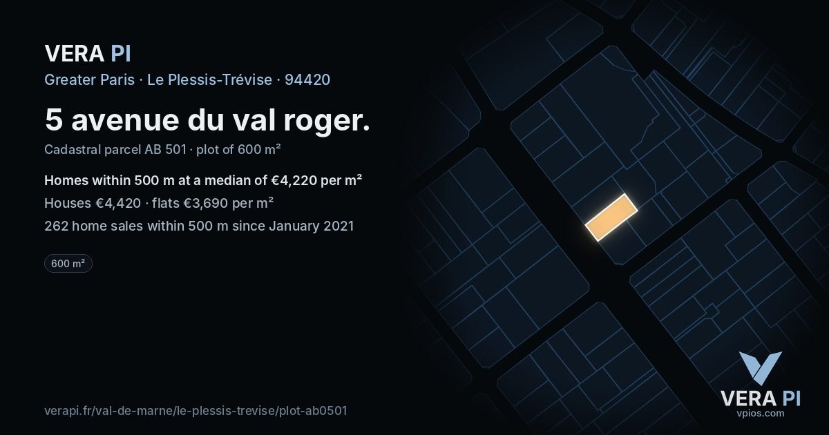 5 avenue du val roger, Le Plessis-Trévise at night – the plot lit, the parcels around coloured by the prices near them