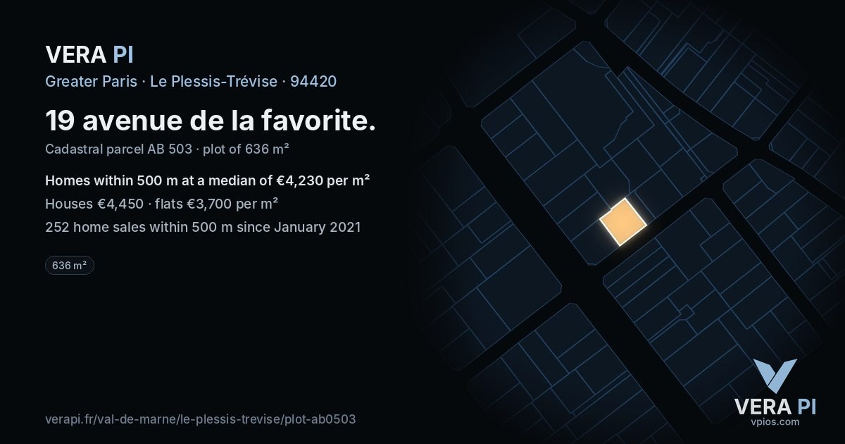 19 avenue de la favorite, Le Plessis-Trévise at night – the plot lit, the parcels around coloured by the prices near them