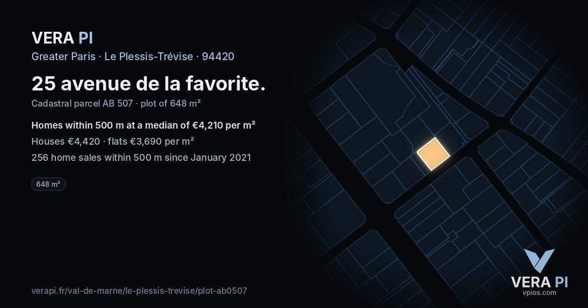 25 avenue de la favorite, Le Plessis-Trévise at night – the plot lit, the parcels around coloured by the prices near them