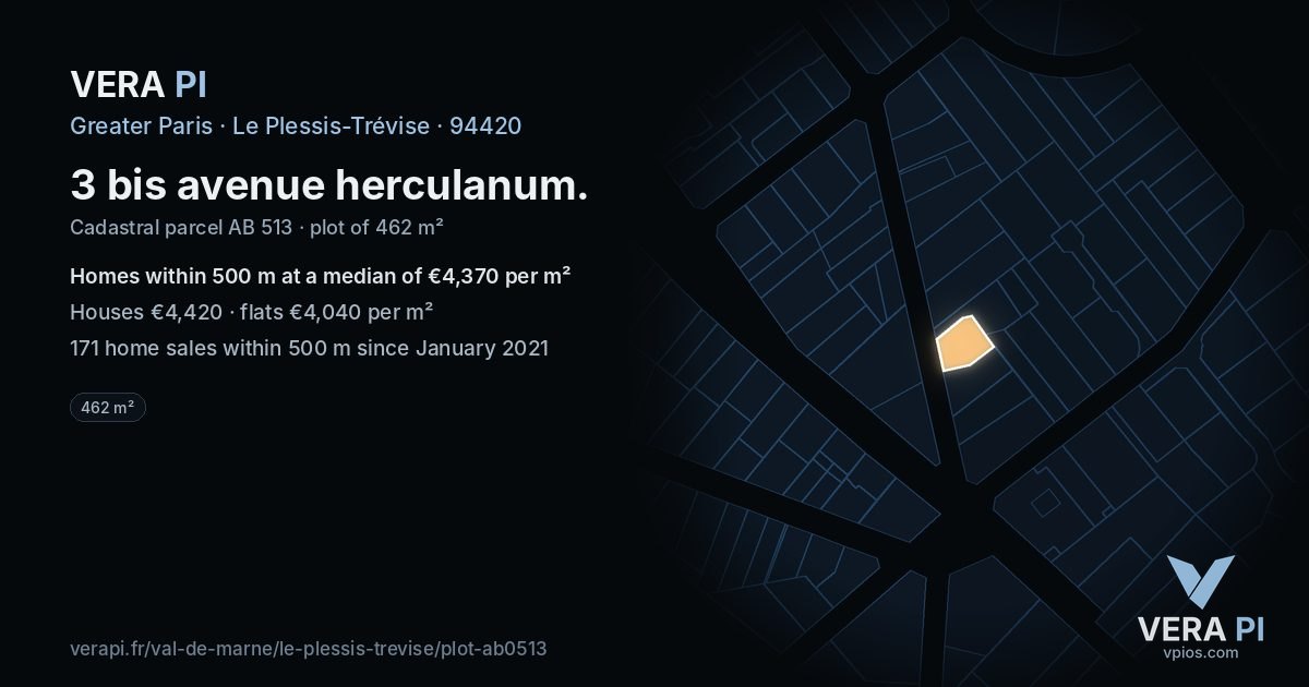 3 bis avenue herculanum, Le Plessis-Trévise at night – the plot lit, the parcels around coloured by the prices near them