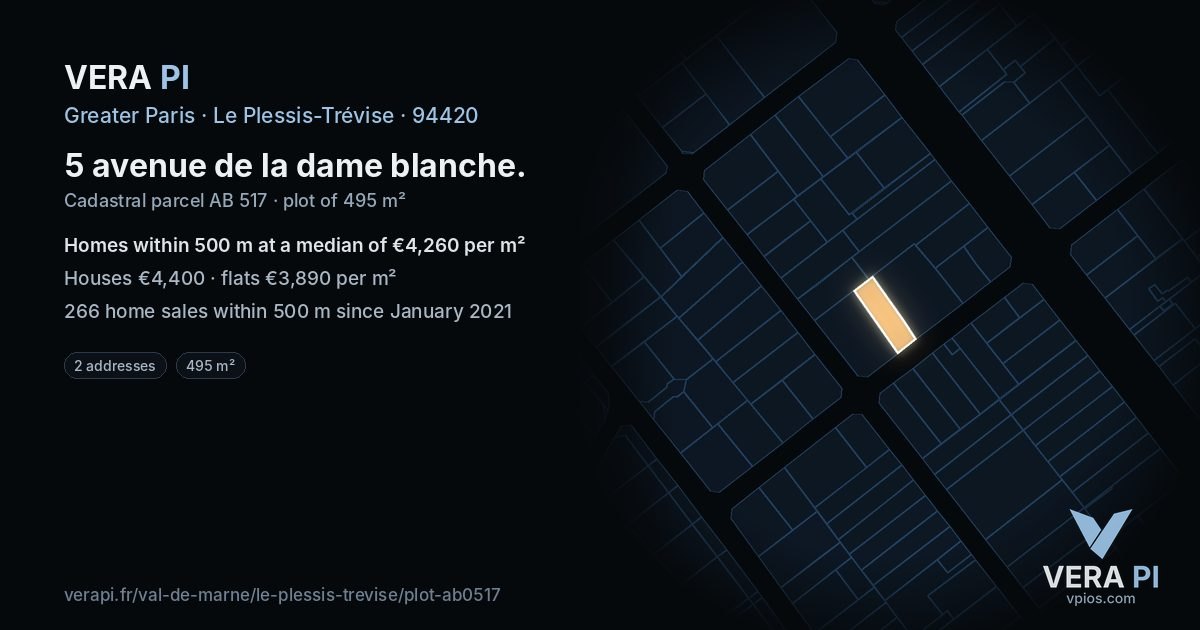5 avenue de la dame blanche, Le Plessis-Trévise at night – the plot lit, the parcels around coloured by the prices near them