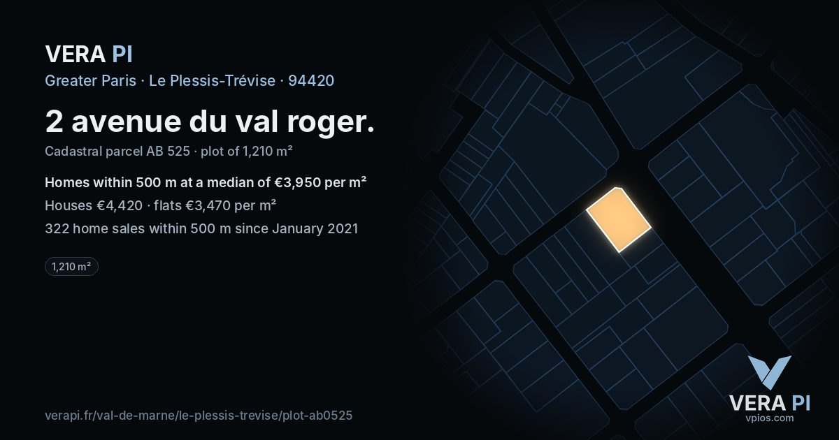 2 avenue du val roger, Le Plessis-Trévise at night – the plot lit, the parcels around coloured by the prices near them