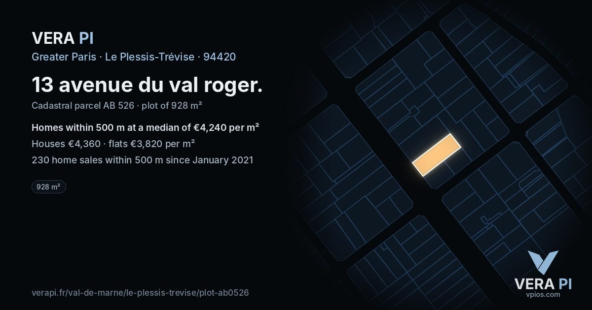 13 avenue du val roger, Le Plessis-Trévise at night – the plot lit, the parcels around coloured by the prices near them