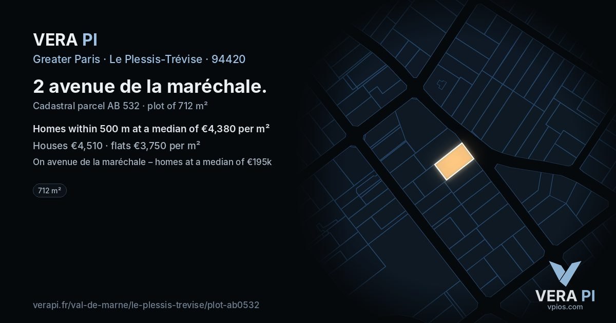 2 avenue de la maréchale, Le Plessis-Trévise at night – the plot lit, the parcels around coloured by the prices near them
