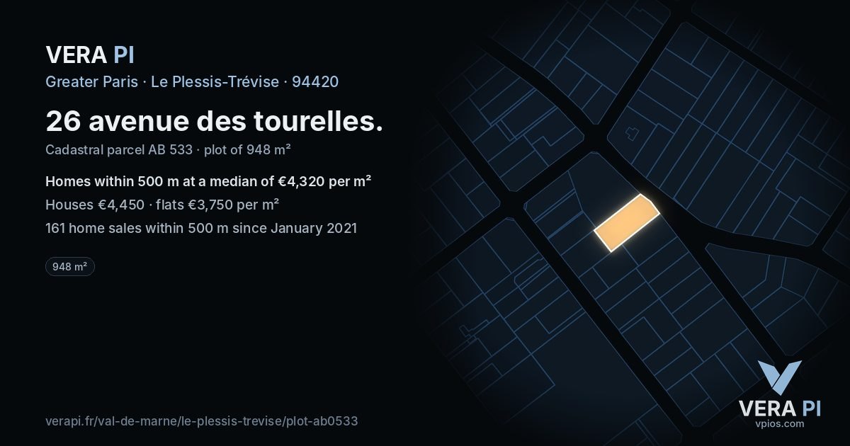 26 avenue des tourelles, Le Plessis-Trévise at night – the plot lit, the parcels around coloured by the prices near them