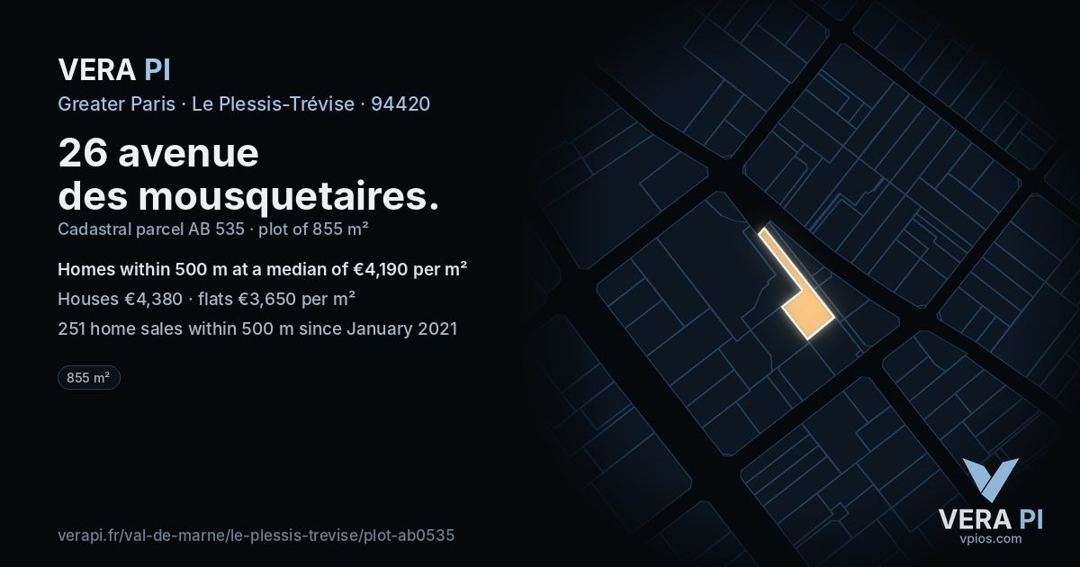 26 avenue des mousquetaires, Le Plessis-Trévise at night – the plot lit, the parcels around coloured by the prices near them