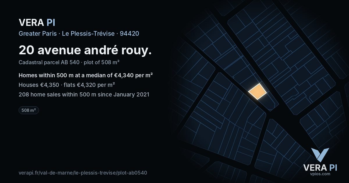20 avenue andré rouy, Le Plessis-Trévise at night – the plot lit, the parcels around coloured by the prices near them