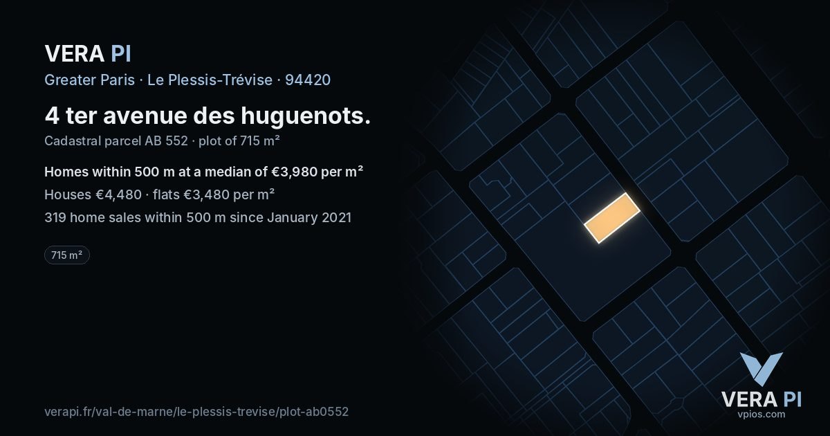 4 ter avenue des huguenots, Le Plessis-Trévise at night – the plot lit, the parcels around coloured by the prices near them