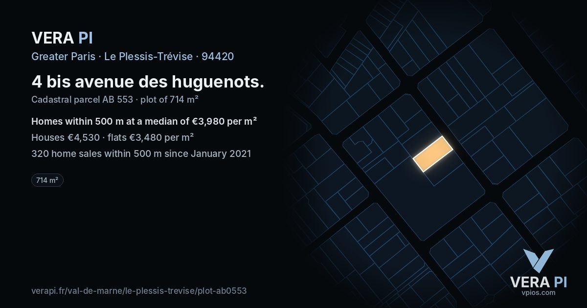 4 bis avenue des huguenots, Le Plessis-Trévise at night – the plot lit, the parcels around coloured by the prices near them