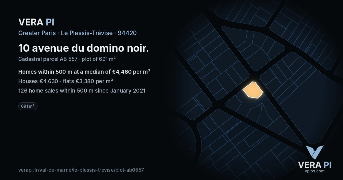 10 avenue du domino noir, Le Plessis-Trévise at night – the plot lit, the parcels around coloured by the prices near them