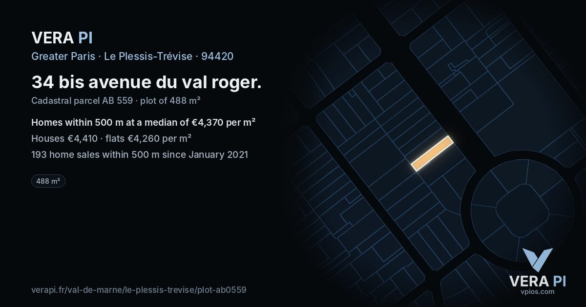 34 bis avenue du val roger, Le Plessis-Trévise at night – the plot lit, the parcels around coloured by the prices near them