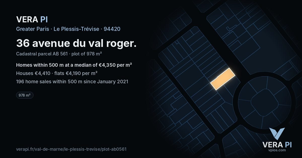 36 avenue du val roger, Le Plessis-Trévise at night – the plot lit, the parcels around coloured by the prices near them